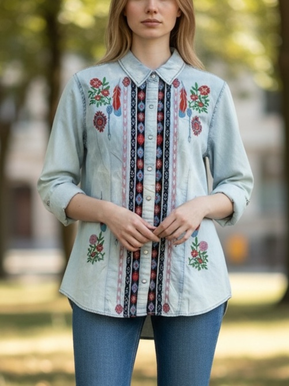 Home Folk Women’s Floral Embroidered Aztec Southwestern Button Down shirt